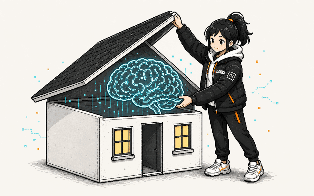 Doris lifts the roof off a small house like a lid and installs an organizational brain inside