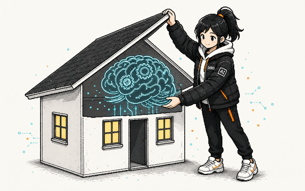 小J lifts the roof off a small house like a lid and lowers a brain inside
