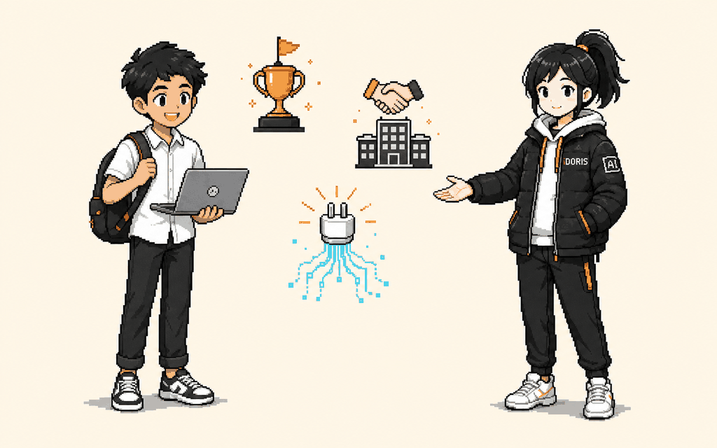 Doris warmly welcomes a new intern holding a laptop; three pixel icons show the three tracks — a hackathon trophy, a handshake over an office building, and a power plug linked to a data stream