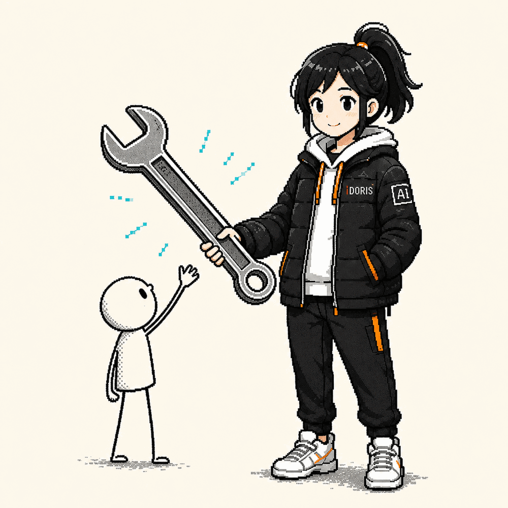 Doris hands a giant AI tool wrench to a small builder