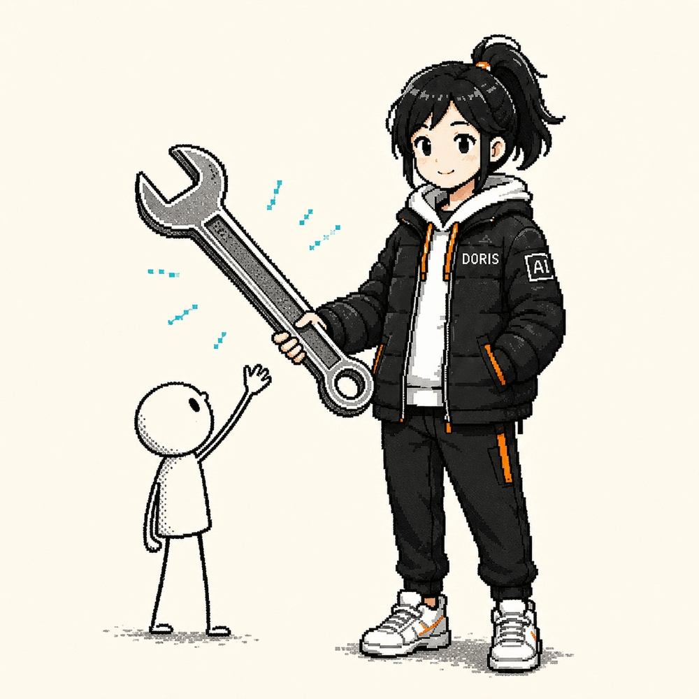 小J grinds a giant wrench on a grindstone and hands the finished tool to someone waiting