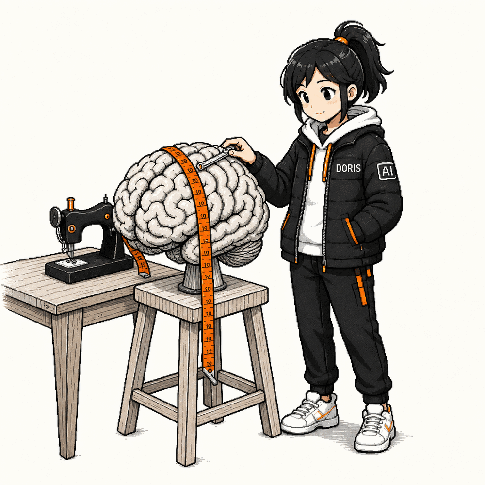 Doris works as a tailor, measuring a brain on a workbench with a measuring tape
