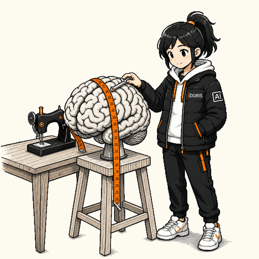 Doris works as a tailor, measuring a brain on a workbench with a measuring tape