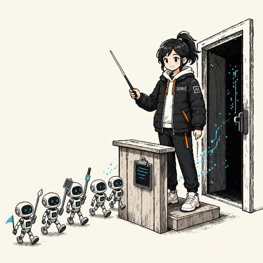 Doris stands on a conductor's podium with a baton as a queue of small AI agents marches out