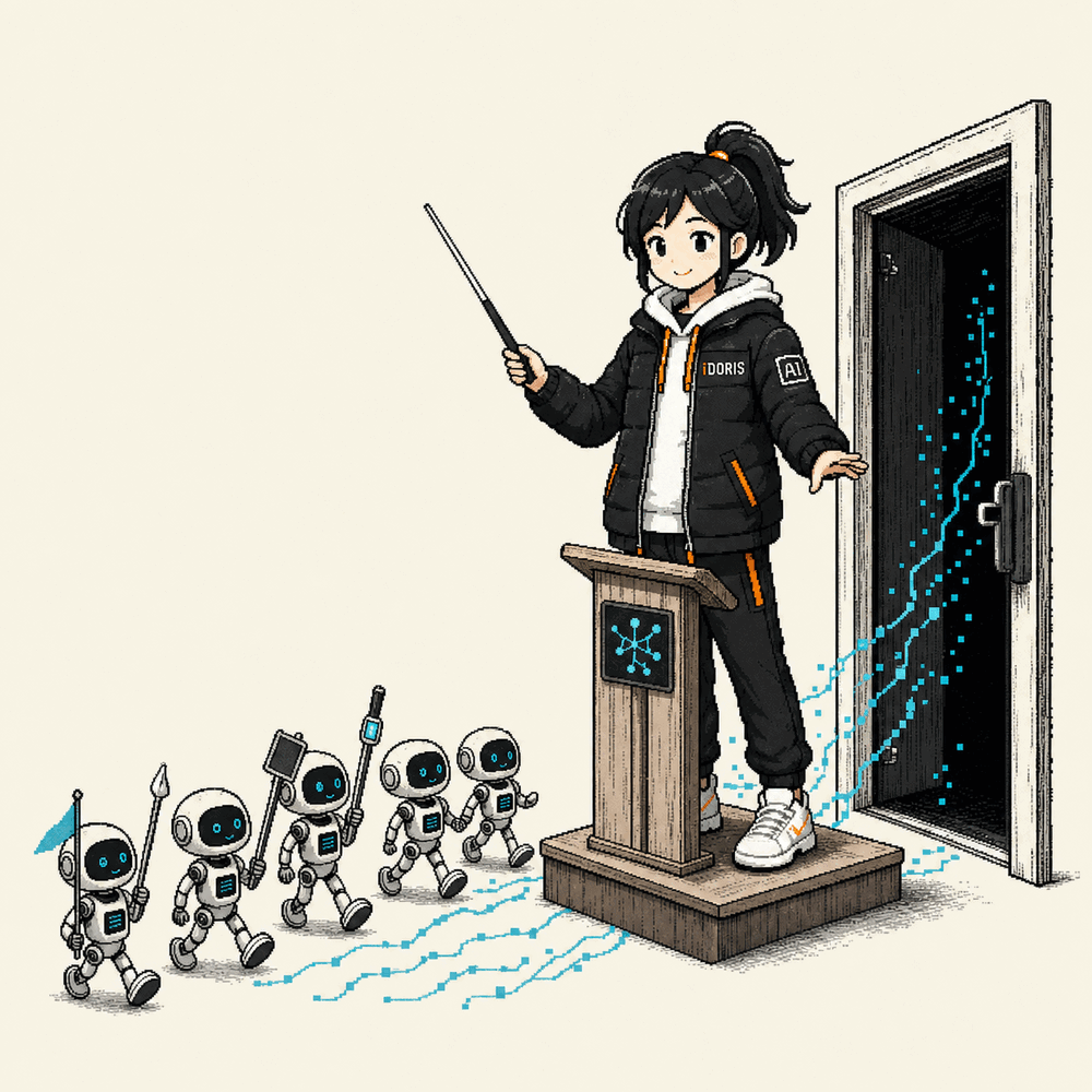 Doris stands on a conductor's podium with a baton as a queue of small AI agents marches out